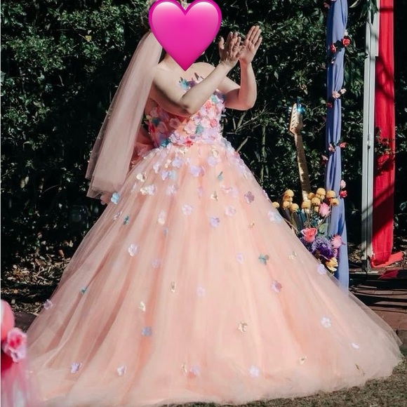 ( DM 1st) Peach Tulle Floral Appliqué Wedding or Quinceañera Gown Size 12-14 - Picture 8 of 16